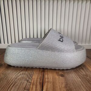 Bebe Ploffi Womens Sz 10 Silver Sparkle Shimmer Fashion Platform Slides Sandals